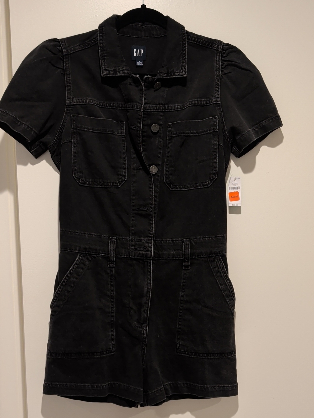 GAP Women's Black Short Puff Sleeve Denim Utility Romper